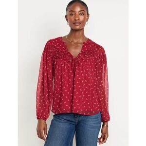 Old Navy Tie Front Red Floral Chiffon Long Sleeve Boho Blouse Sz L
